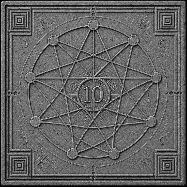 Ten points joined in a decagram around the number ten